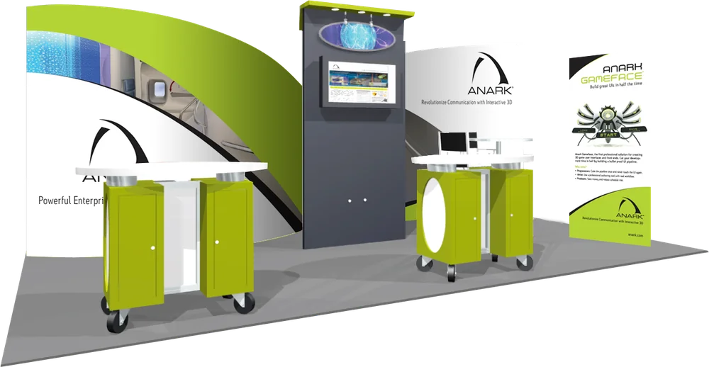 Trade show booth design for Anark with curved backwall graphics, monitor tower, and counter pedestals