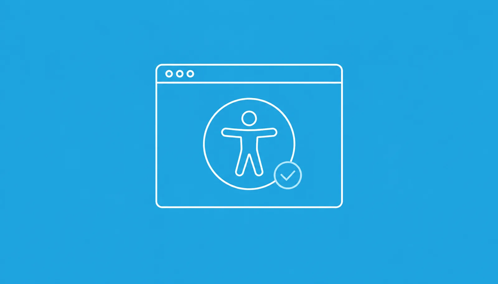 White outline of a web browser window containing an accessibility symbol with a checkmark badge, on a Hooten brand-blue background.