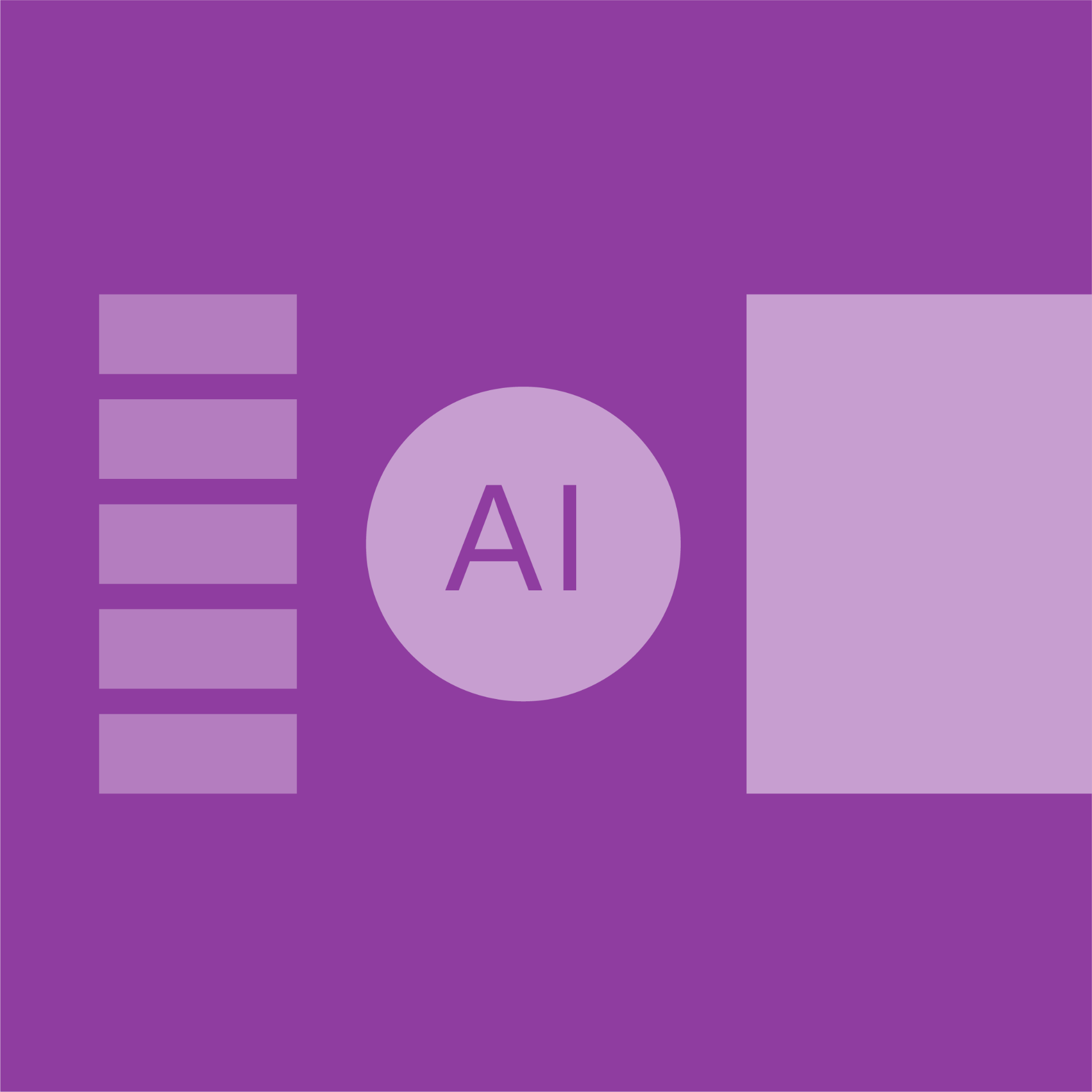 Abstract purple composition with stacked content blocks, an AI marker, and a frontend panel, representing AI-assisted website architecture.