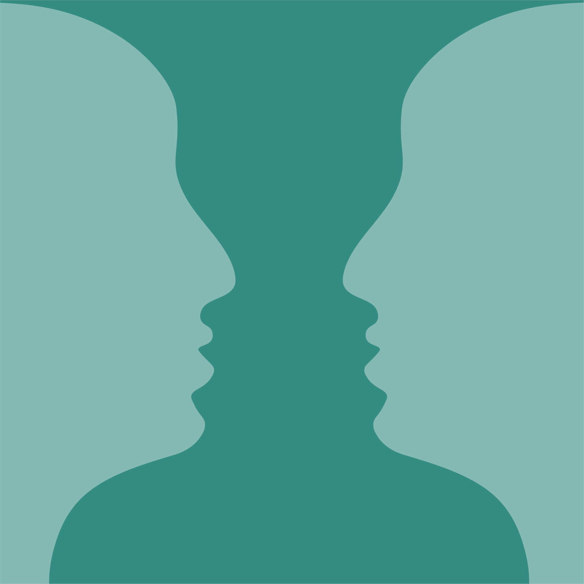 Two teal silhouettes facing each other, the negative space between them forming a vase, a classic Rubin's figure-ground illusion.