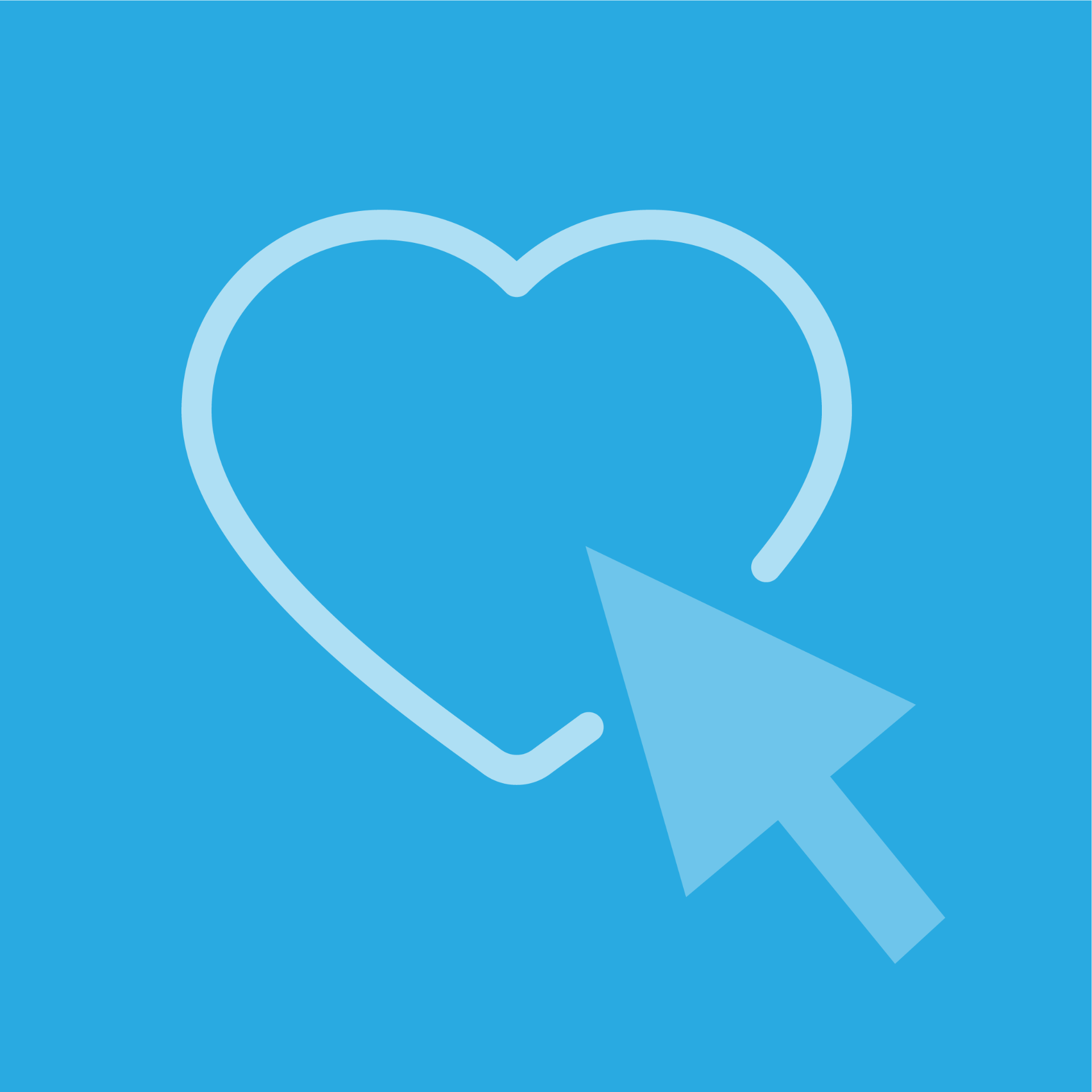 Light blue outline of a heart with a cursor arrow clicking it, on a Hooten brand-blue background, a minimalist symbol of online giving.