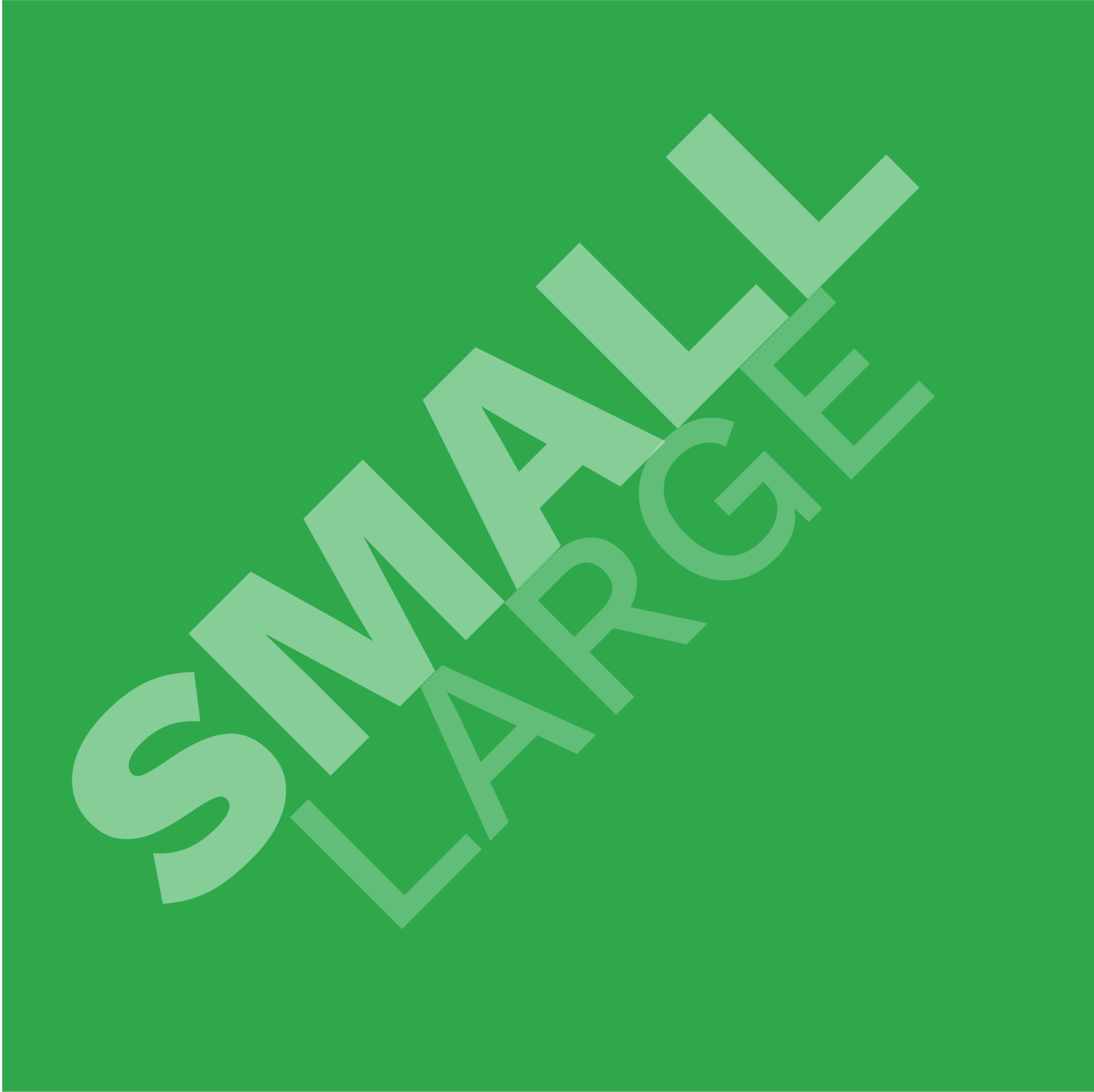 Bold typographic composition on a green background with the words SMALL and LARGE set at an angle, contrasting agency models.